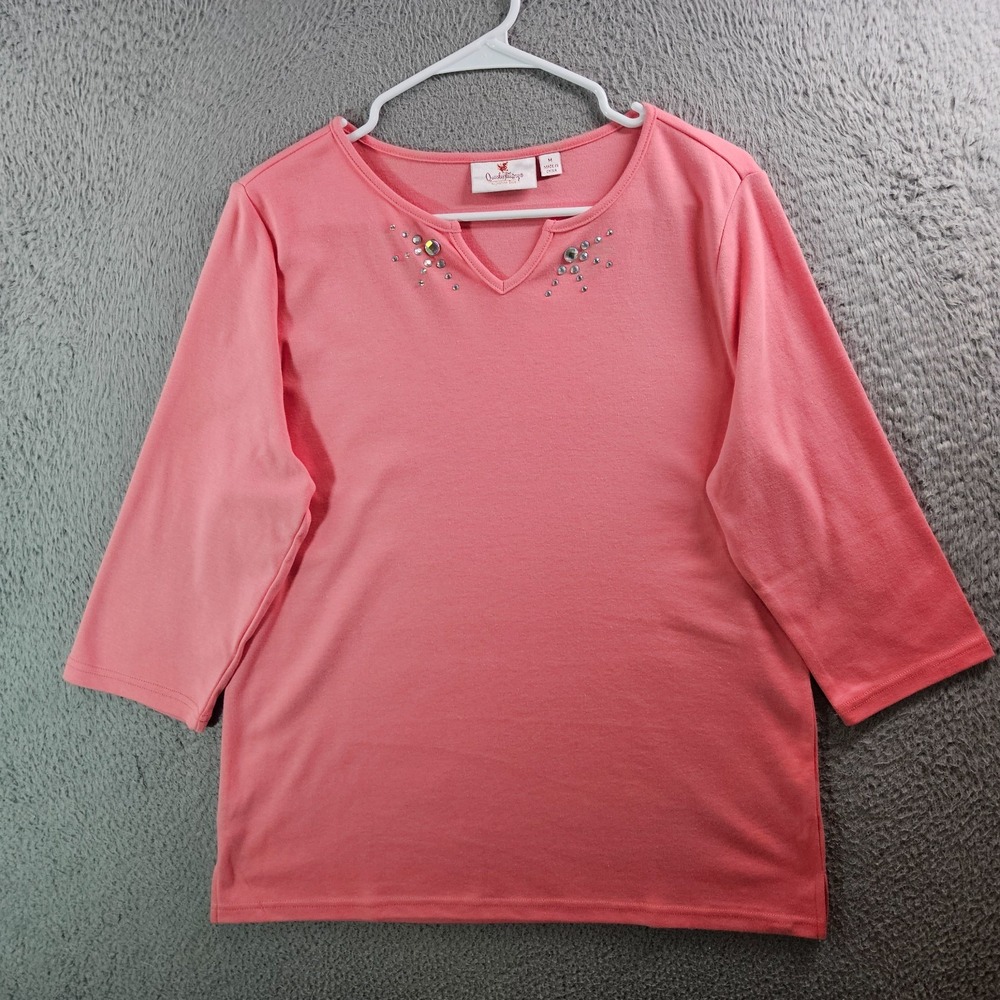 Quacker Factory Top Women Medium 3/4 Sleeve Stretch Punch Peach